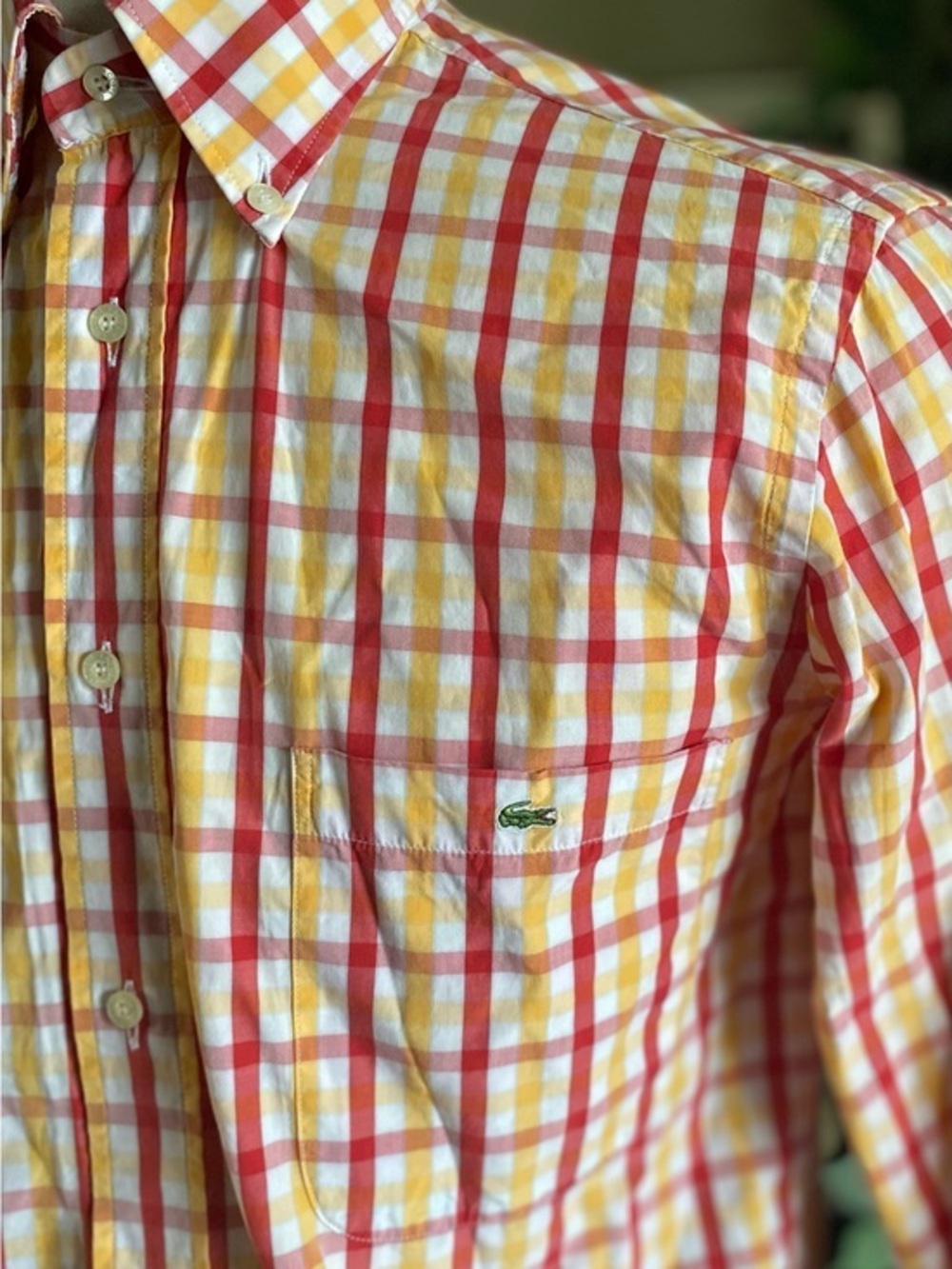Lacoste Yellow and Red Plaid Long-Sleeve Button-Down Shirt